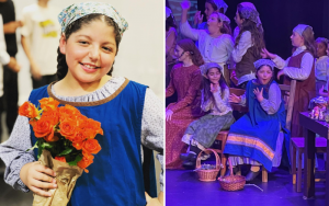 Sofia posing with flowers as her character and performing on stage as her character 