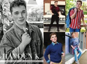 comp card for Hayden including his head shot and various body shots of him modeling