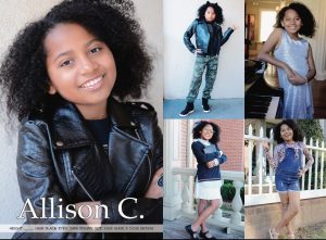 comp card for Allison with her head shot and various body shots of her modeling