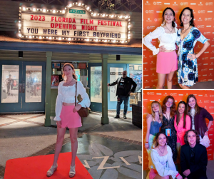 collage of Catharine at the film premiere on the red carpet and with other cast members