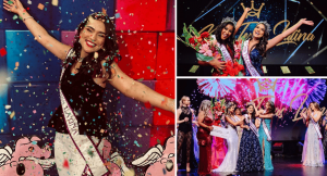 collage of Alessandra being crowned Miss Teen Texas Latina on stage and celebrating under confetti