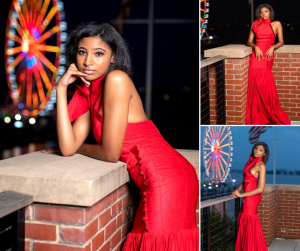 collage of Jaylinn modeling in a red dress outside with a lit up ferris wheel in the background