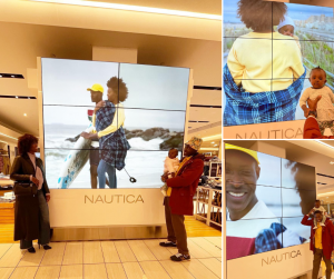 collage of Pesy and her family looking at their ad campaign display in a mall