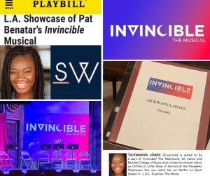 collage: screengrab of Playbill article healdine featuring Tickwanya, the stage of Invincible, and script book for the play
