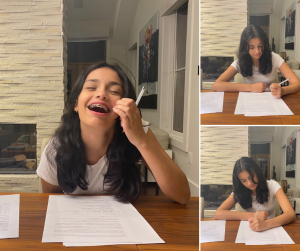 collage of Camila signing her agency contract including one of her laughing and two of her signing the papers