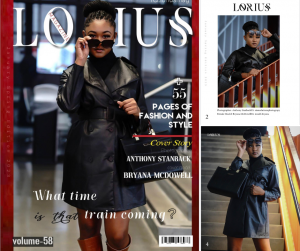 collage of Briana modeling in the Lorius Magazine editorial including her on the cover