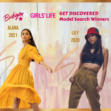 Colorful Graphic of Alana and Lily modeling side by side announced as winners of the Barbizon & Girls' Life Contest