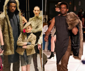 Dave on the runway and Dave and Zoe with another model at NYFW