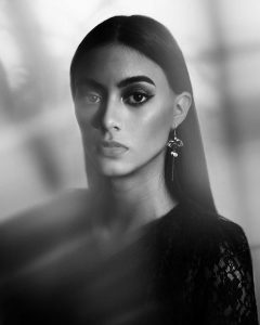 black and white head shot of Alana Lintao modeling