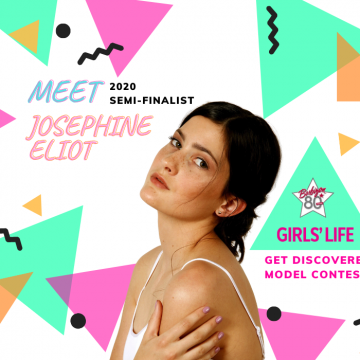 Colorful shapes promotional Graphic of Josie with Girls' Life and Get Discovered insignia