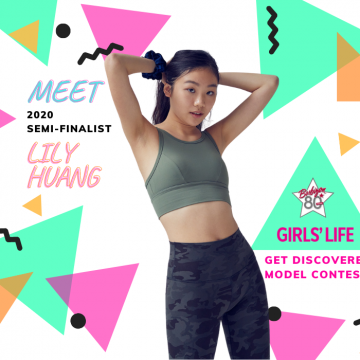 Promotional cover graphic: Meet 2020 Semi-Finalist Lily Huang with colorful shapes surrounding a photo of her posing next to Girls' Life and Babizon's logos