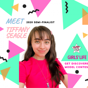 graphic with colorful shapes and a head shot of Tiffany
